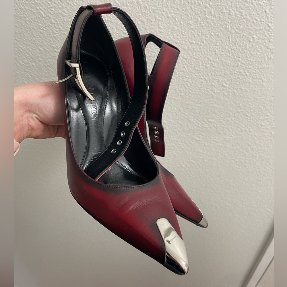 Alexander McQueen Burgundy Pointed Buckle Heels with Silver Toe Cap